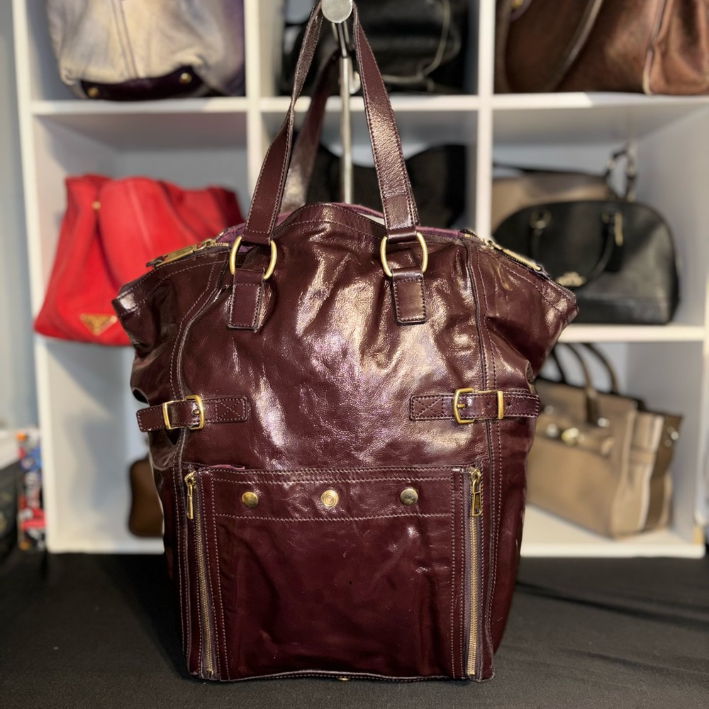 YSL Downton XL tote in Patent Burgundy